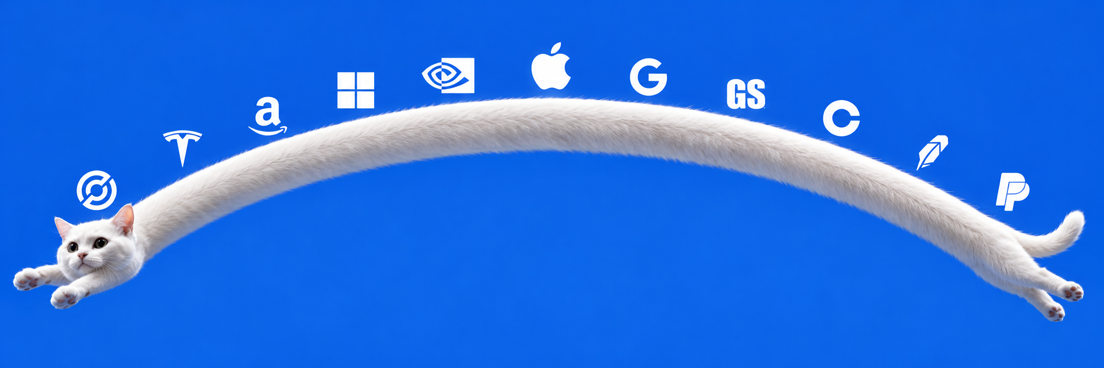 Nobiko stretched into a long white arc, with market icons sitting along her body